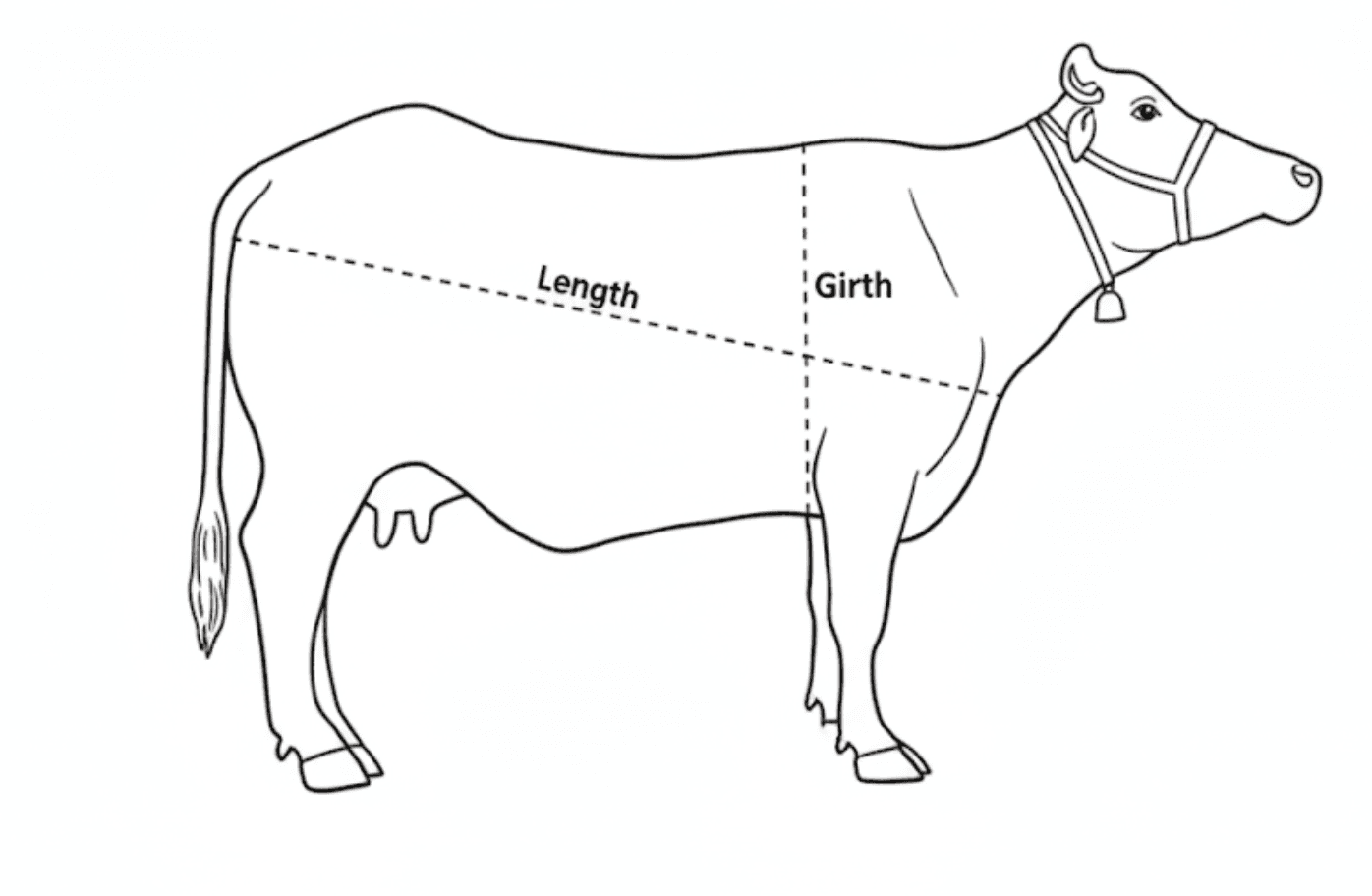 Cattle measurement guide showing heart girth and body length